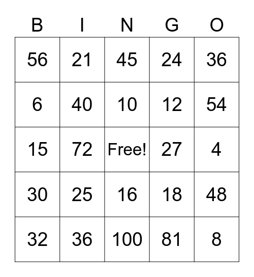 Multiplication Bingo Card