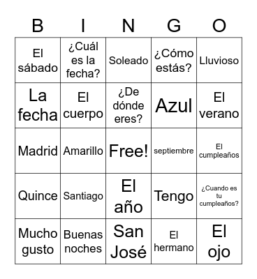 MS Spanish Review Bingo Card