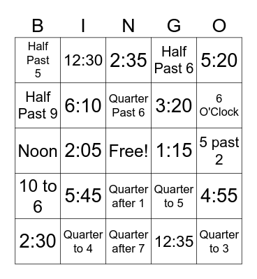 Telling Time Bingo Card