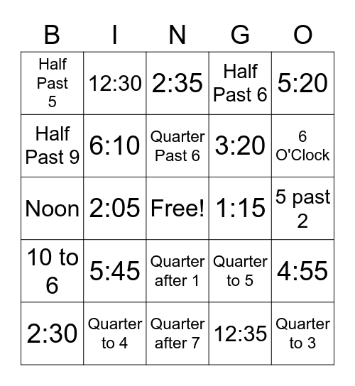 Telling Time Bingo Card