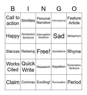 Writing Bingo Card