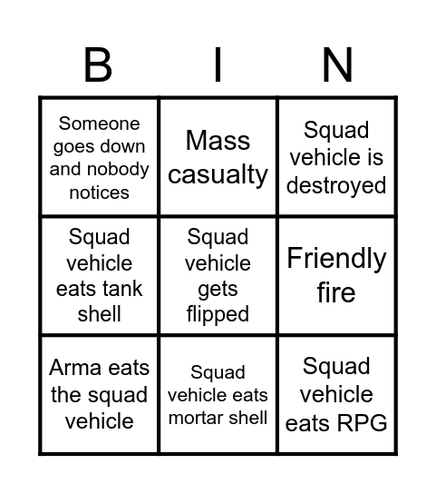 Arma United Squad Bingo Card