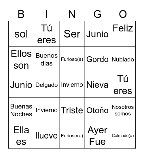 Spanish Bingo Card