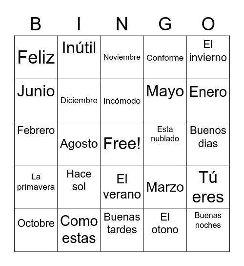 Spanish we learned this year! Bingo Card