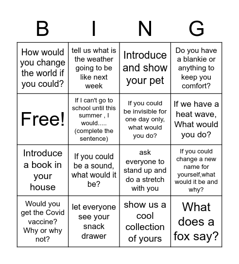 warm-up questions Bingo Card