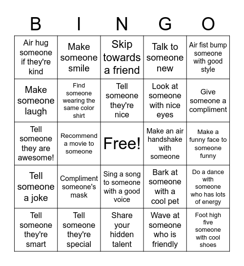 Compliment Bingo Card