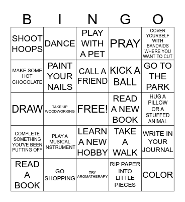 Coping Skills Bingo Card