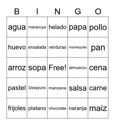 Vocab: food Bingo Card