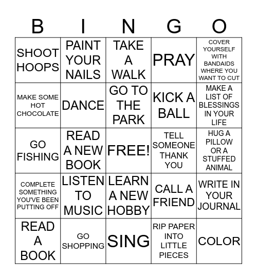 Coping Skills Bingo Card