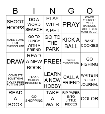 Coping Skills Bingo Card