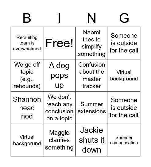 Recruiting call Bingo Card