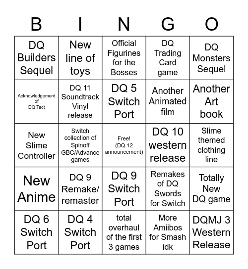 Dragon Quest Anniversary Wish List Bingo Card