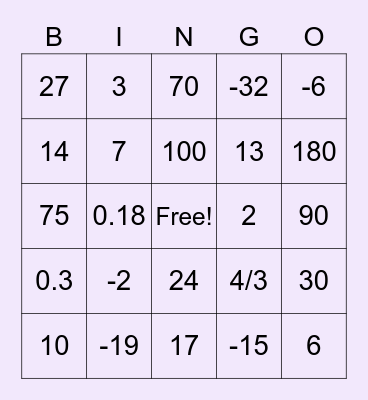 Math Bingo Card