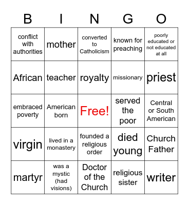 Saint Bingo Card