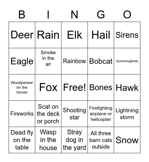 Buffalo Creek Road Summer Bingo Card