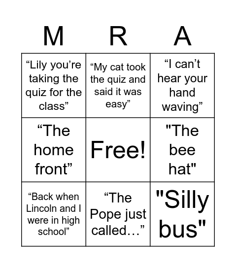 Mr. A Bingo Card