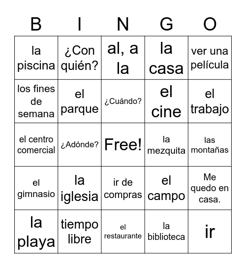 Vocabulario de 4A - ¿Adónde vas...? Bingo Card