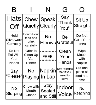 Table Manners BINGO Card