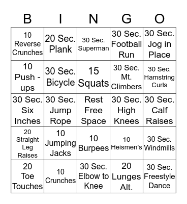 Physical Fitness Bingo Card