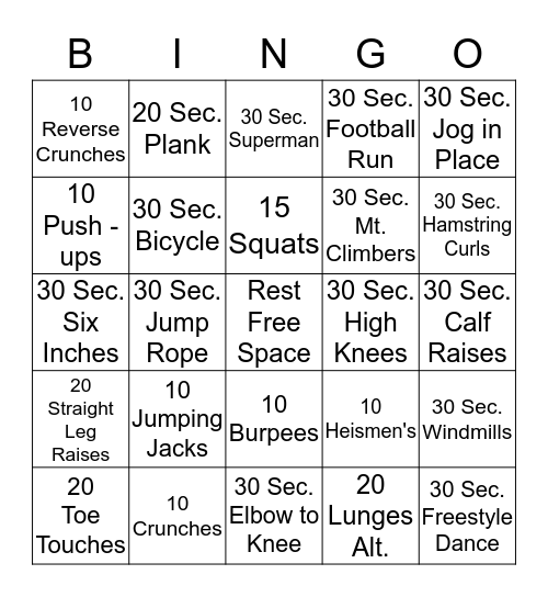 Physical Fitness Bingo Card