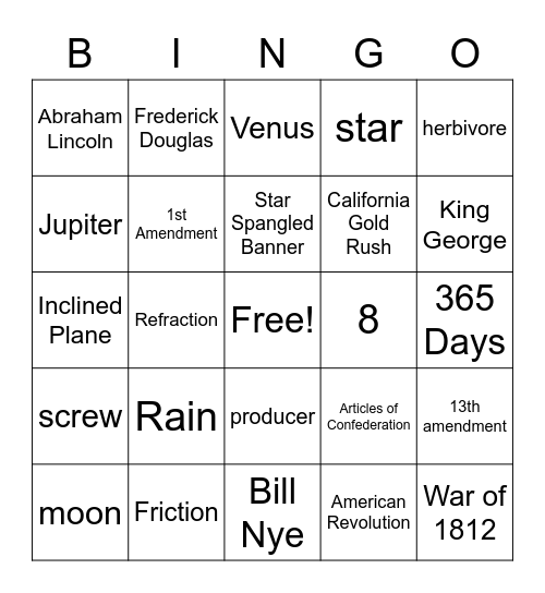 4th: Science and Social Studies Bingo Card