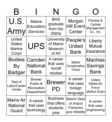 Career Day Bingo Card