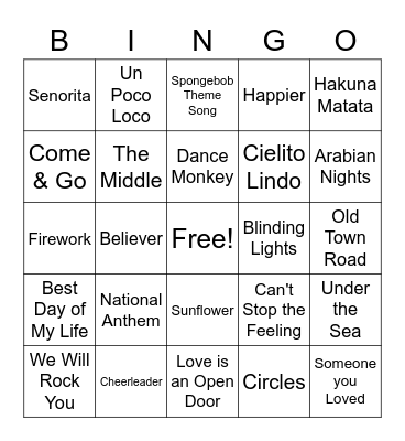Musical Bingo Card