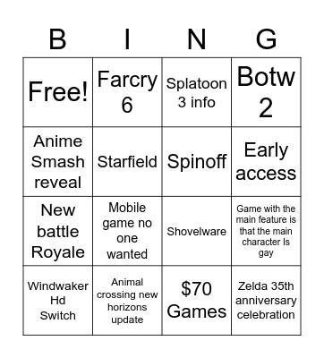 Nintendo e3 Bingo Card