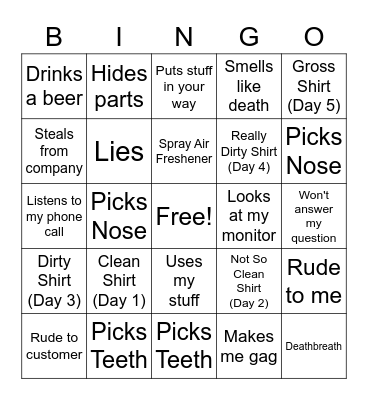 Asshole Bingo Card