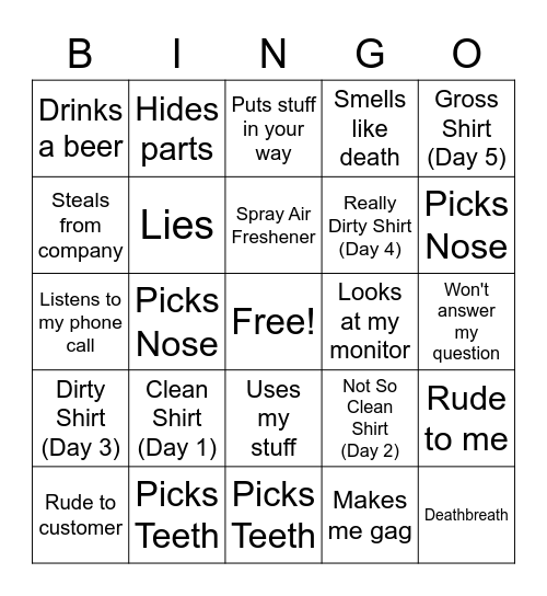 Asshole Bingo Card