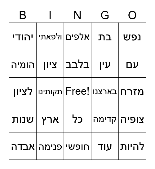 Hatikvah words Bingo Card