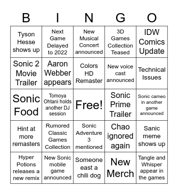 SONIC Central Bingo Card