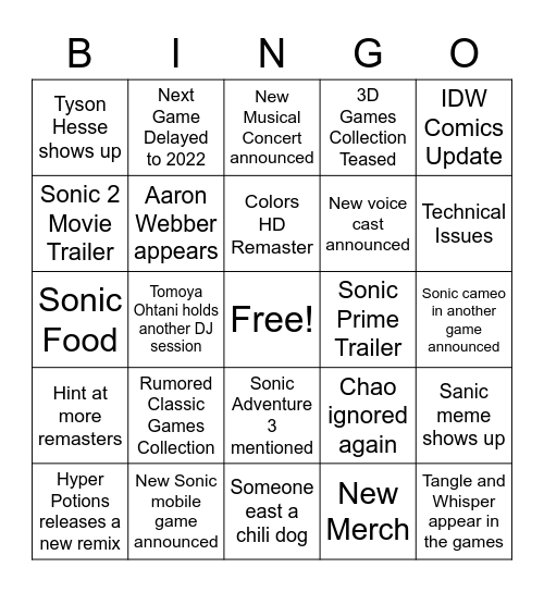 SONIC Central Bingo Card