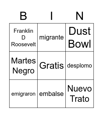 Gran Depresion y el Nuevo Trato BINGO Card