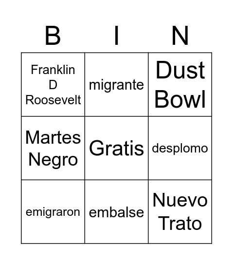 Gran Depresion y el Nuevo Trato BINGO Card