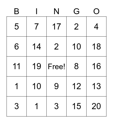 Los Numeros 1-20 Bingo Card