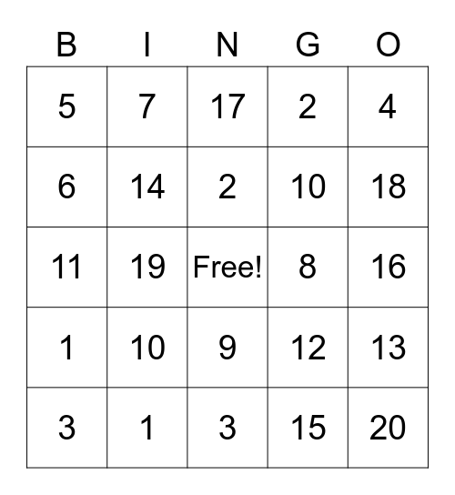 Los Numeros 1-20 Bingo Card