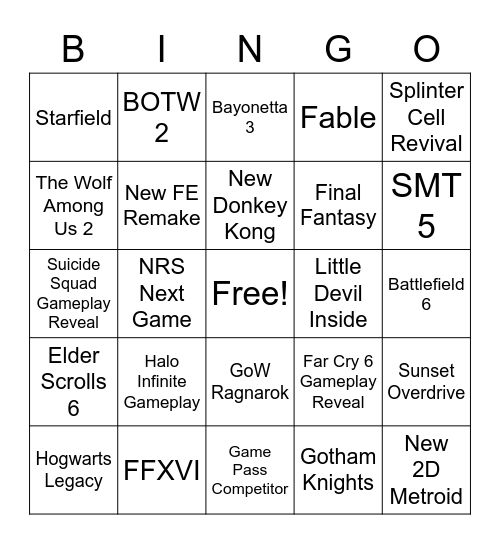 E3 2021 Bingo Card