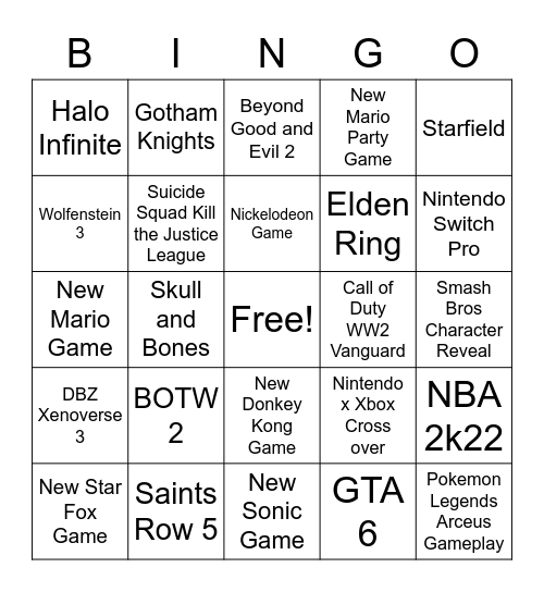 E3 2021 Bingo Card