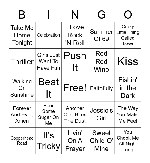 Songs of the 1980's Bingo Card