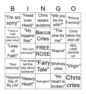 PRINCE FARMING - BACHELOR FINALE BINGO! Bingo Card