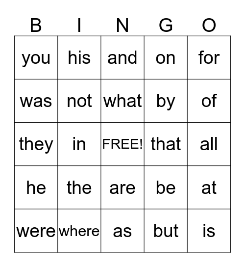 sight word Bingo Card