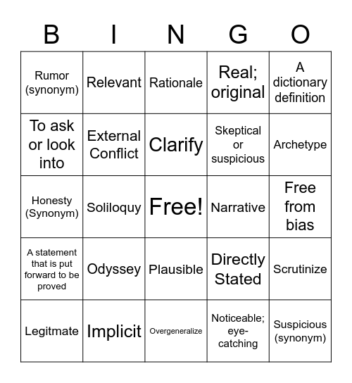 Vocabulary BINGO Card