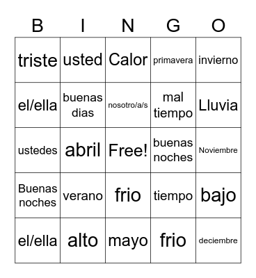 spanish Bingo Card