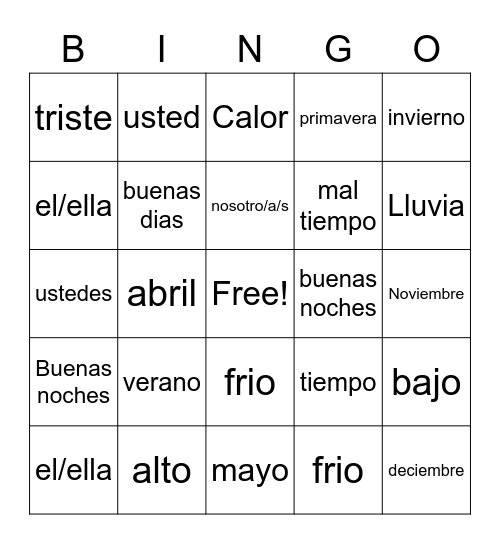 spanish Bingo Card