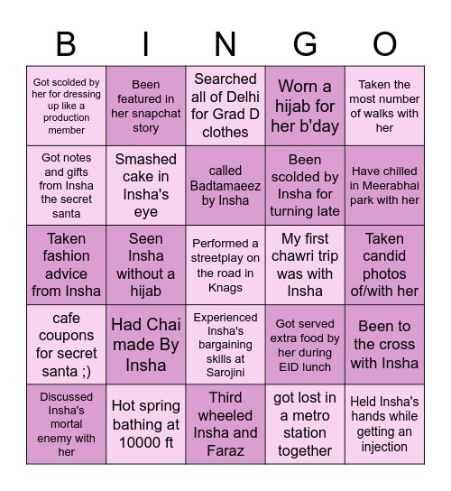 Insha's B'day Bingo Round 1 Bingo Card