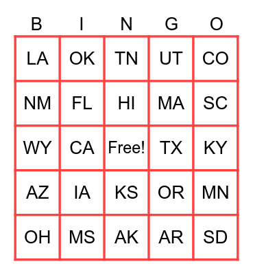 STATES Bingo Card
