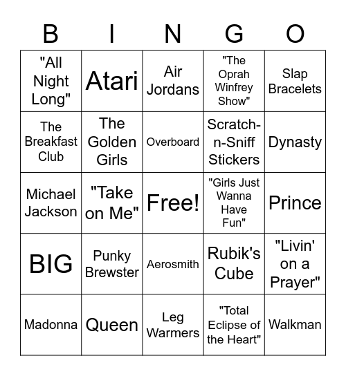 '80s Bingo Card
