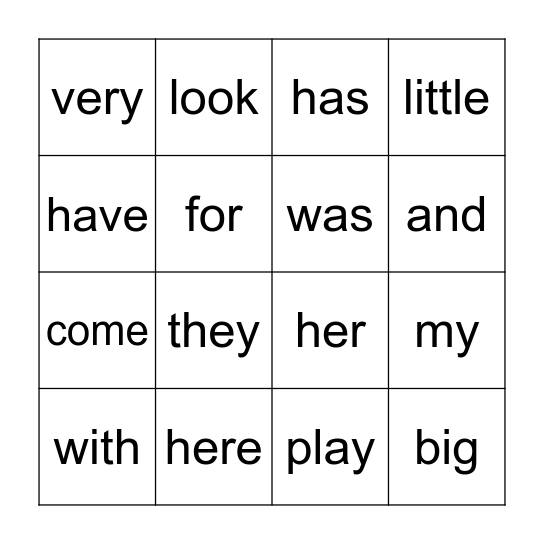 Sight Words Bingo Card