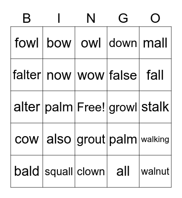 alk, al, all, ou, ow Bingo Card